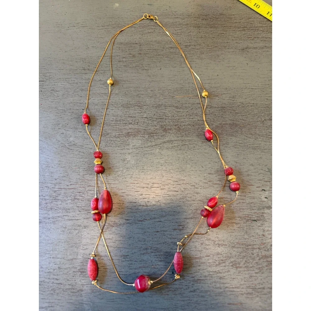 Vintage Red Beaded Double Strand Necklace Gold Tone Snake Chain Long Boho 34 In